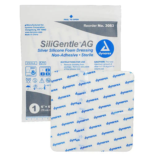 Dynarex SiliGentle AG - Silver Silicone Foam Dressing, 10ea/bx, 5bxs/cs (50 Count)