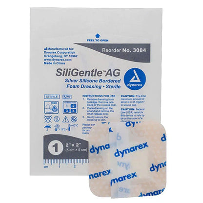Dynarex SiliGentle AG - Silver Silicone Bordered Foam Dressing, 10ea/bx, 5bxs/cs (50 Count)