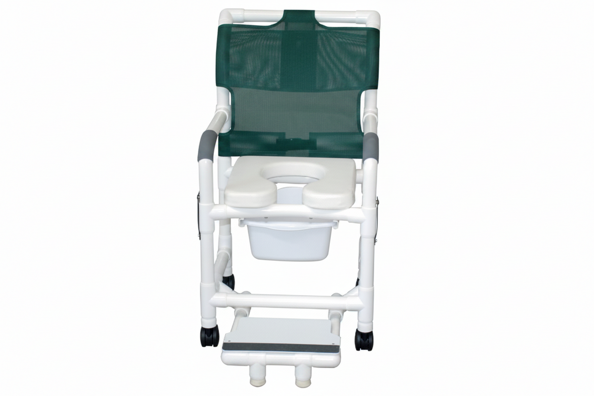 MJM International 118-3TW-DDA-SF-SQ-PAIL Shower chair 18" internal width, open front seat, 3" twin casters, with double drop arms, slide out footrest and 10 qt slide out square commode pail, 300 lbs weight capacity