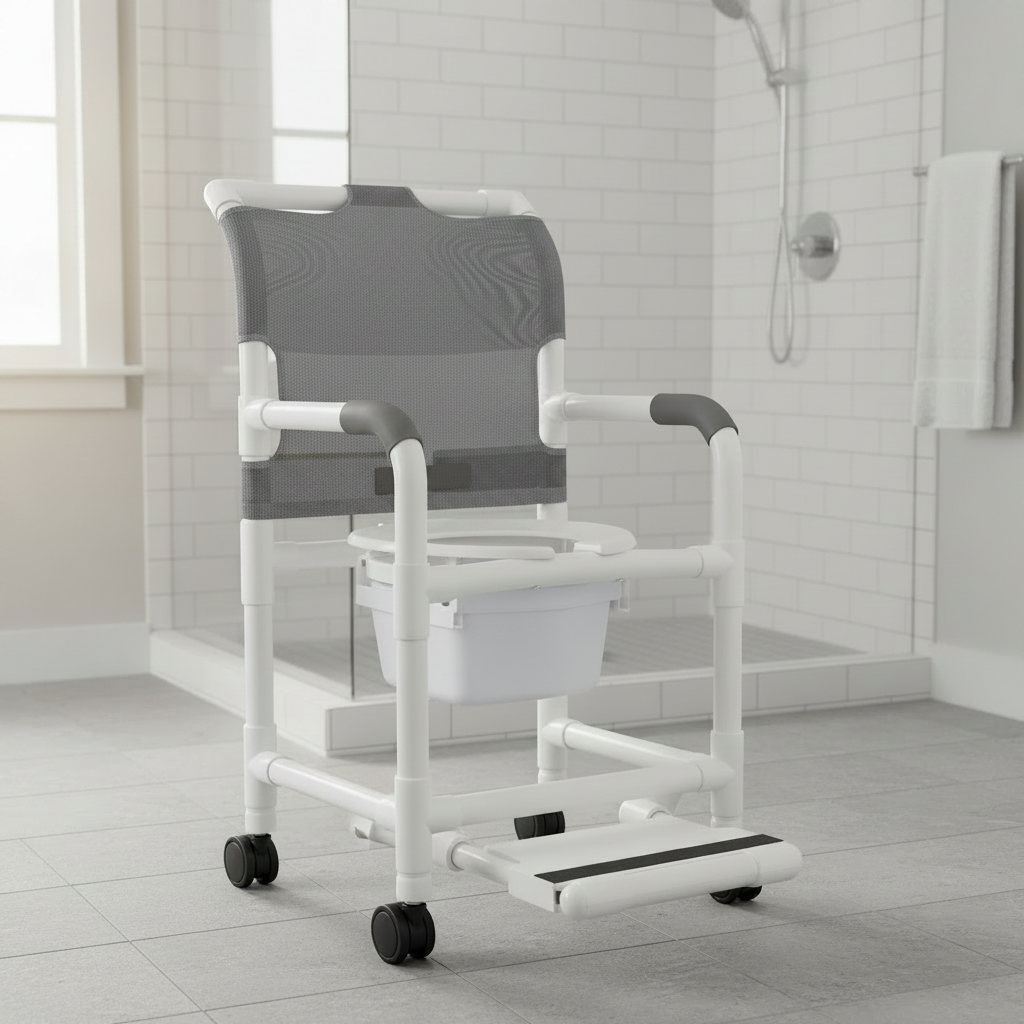MJM International 118-3TW-DDA-SF-SQ-PAIL Shower chair 18" internal width, open front seat, 3" twin casters, with double drop arms, slide out footrest and 10 qt slide out square commode pail, 300 lbs weight capacity