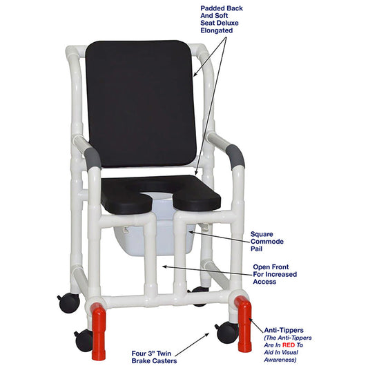 MJM International 118-3TW-SSDE-CBP-BLK-OF-SQ-PAIL-AT Shower Chair With Soft Seat Deluxe Elongated, Cushion Back, Open Front, Square Pail And Anti-Tippers