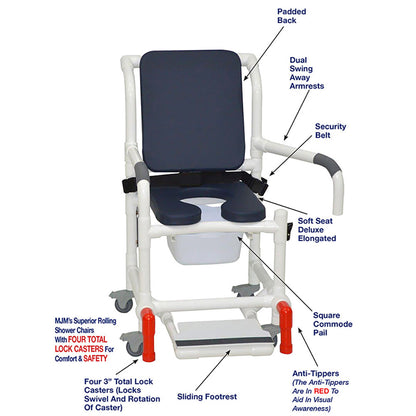 MJM International 118-3TL-SSDE-CBP-AB-DDA-SF-10-QT-C-BB-AT Shower Chair With Total Lock Casters, Soft Seat Deluxe Elongated, Cushion Back, Dual Swing Away Armrests, Sliding Footrest, Square Pail, Safety Belt and Anti-Tippers