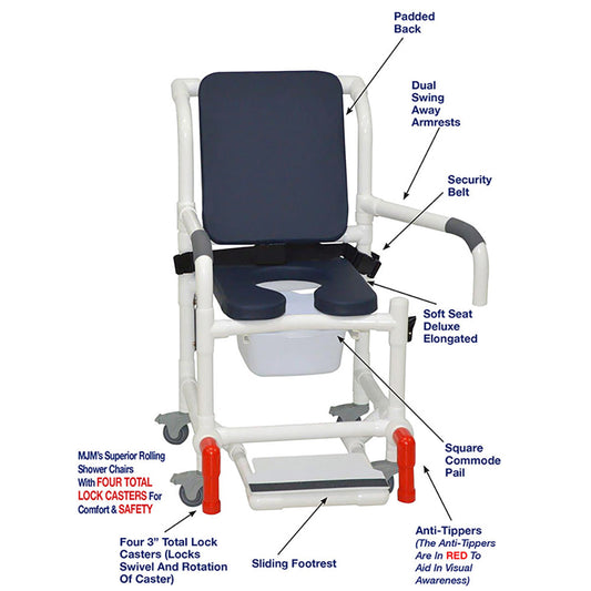 MJM International 118-3TL-SSDE-CBP-AB-DDA-SF-10-QT-C-BB-AT Shower Chair With Total Lock Casters, Soft Seat Deluxe Elongated, Cushion Back, Dual Swing Away Armrests, Sliding Footrest, Square Pail, Safety Belt and Anti-Tippers
