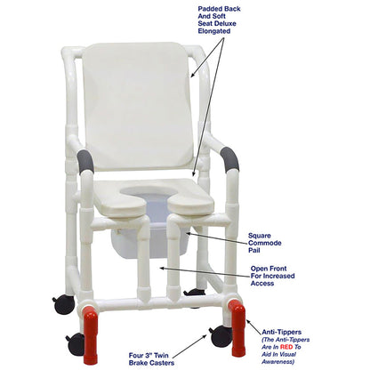 MJM International 118-3-SSDE-CBP-WH-OF-SQ-PAIL-AT Shower Chair With Soft Seat Deluxe Elongated, Cushion Back, Open Front, Square Pail And Anti-Tippers