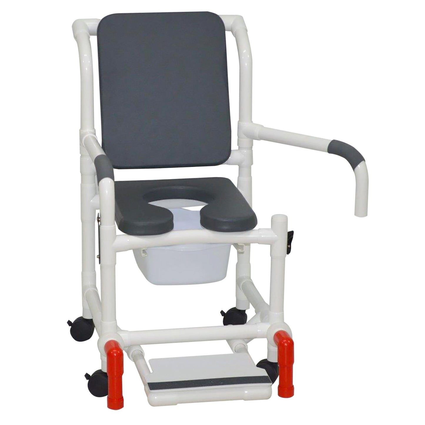 MJM International 118-3TW-SSDE-CBP-PI-DDA-SF-10-QT-C-AT Shower Chair With Soft Seat Deluxe Elongated, Cushion Back, Dual Swing Away Armrests, Sliding Footrest, Square Pail And Anti-Tippers