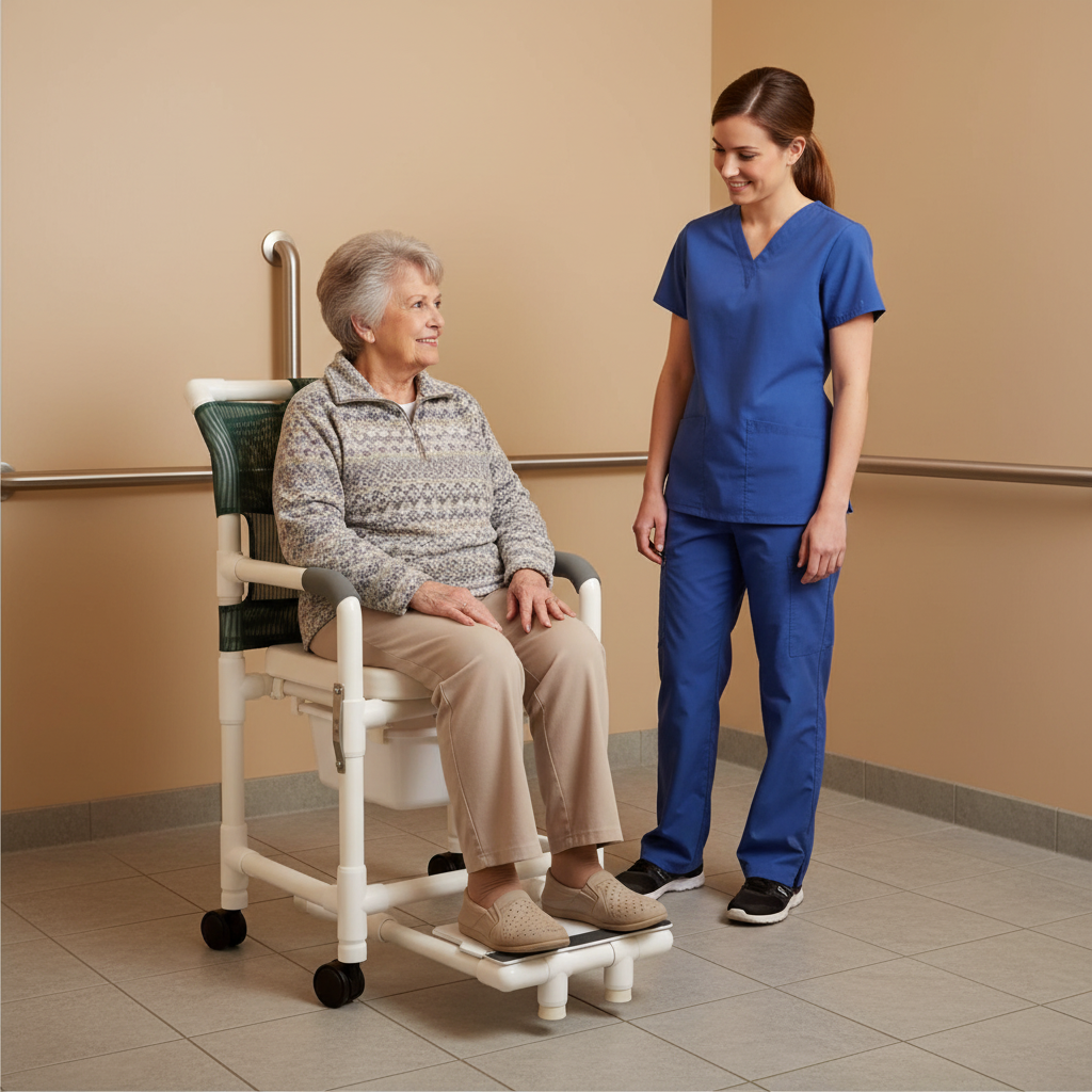 MJM International 118-3TW-DDA-SF-SQ-PAIL Shower chair 18" internal width, open front seat, 3" twin casters, with double drop arms, slide out footrest and 10 qt slide out square commode pail, 300 lbs weight capacity