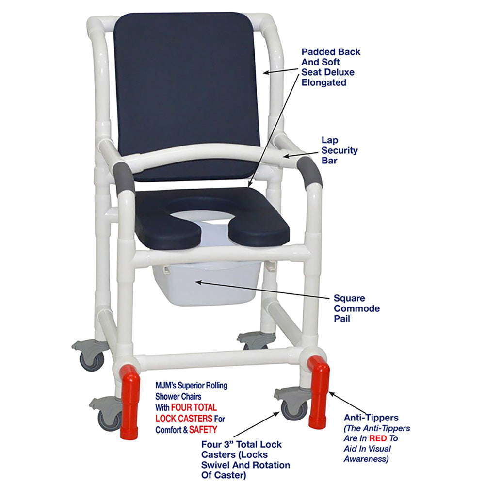 MJM International 118-3TL-SSDE-CBP-AB-10-QT-C-LSB-AT Shower Chair With Total Lock Casters, Soft Seat Deluxe Elongated, Cushion Back, Square Pail, Lap Security Bar and Anti-Tippers