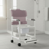 MJM International 118-3TW-DDA-SF-SQ-PAIL Shower chair 18" internal width, open front seat, 3" twin casters, with double drop arms, slide out footrest and 10 qt slide out square commode pail, 300 lbs weight capacity