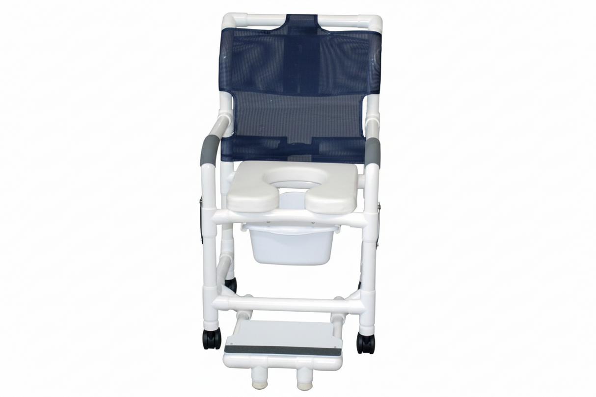 MJM International 118-3TW-DDA-SF-SQ-PAIL Shower chair 18" internal width, open front seat, 3" twin casters, with double drop arms, slide out footrest and 10 qt slide out square commode pail, 300 lbs weight capacity