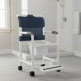 MJM International 118-3TW-DDA-SF-SQ-PAIL Shower chair 18" internal width, open front seat, 3" twin casters, with double drop arms, slide out footrest and 10 qt slide out square commode pail, 300 lbs weight capacity