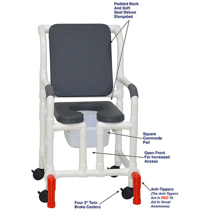 MJM International 118-3TW-SSDE-CBP-PI-OF-SQ-PAIL-AT Shower Chair With Soft Seat Deluxe Elongated, Cushion Back, Open Front, Square Pail And Anti-Tippers