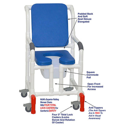 MJM International 118-3TL-SSDE-CBP-BL-OF-10-QT-C-AT Shower Chair With Total Lock Casters, Soft Seat Deluxe Elongated, Cushion Back, Open Front, Square Pail and Anti-Tippers