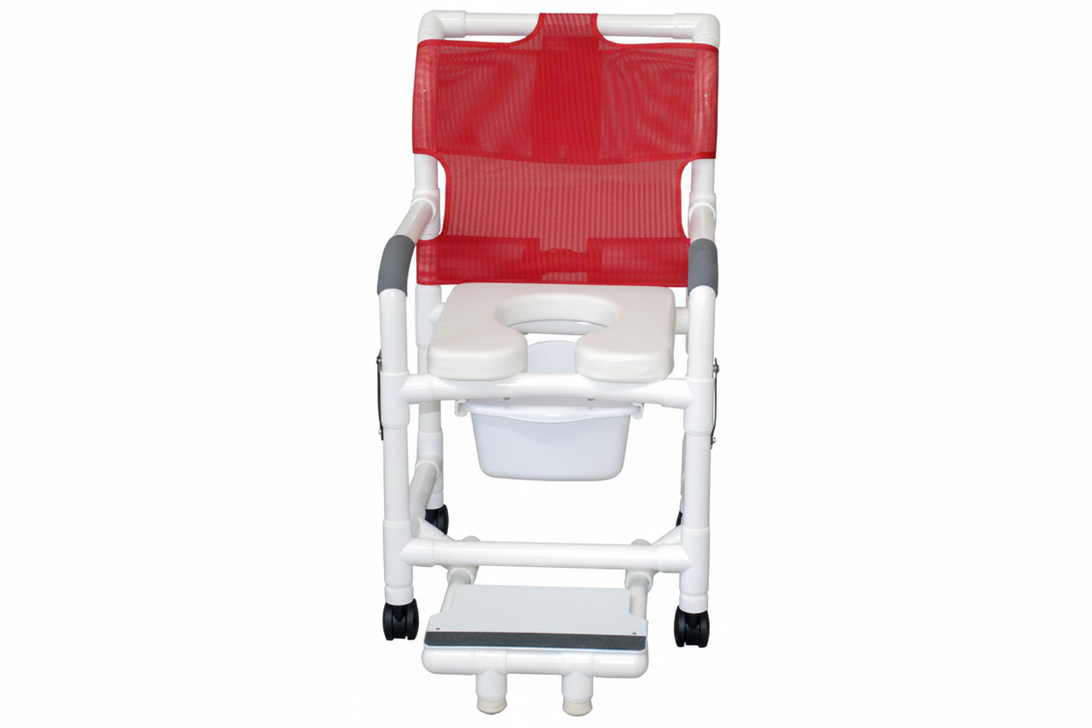 MJM International 118-3TW-DDA-SF-SQ-PAIL Shower chair 18" internal width, open front seat, 3" twin casters, with double drop arms, slide out footrest and 10 qt slide out square commode pail, 300 lbs weight capacity