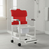 MJM International 118-3TW-DDA-SF-SQ-PAIL Shower chair 18" internal width, open front seat, 3" twin casters, with double drop arms, slide out footrest and 10 qt slide out square commode pail, 300 lbs weight capacity