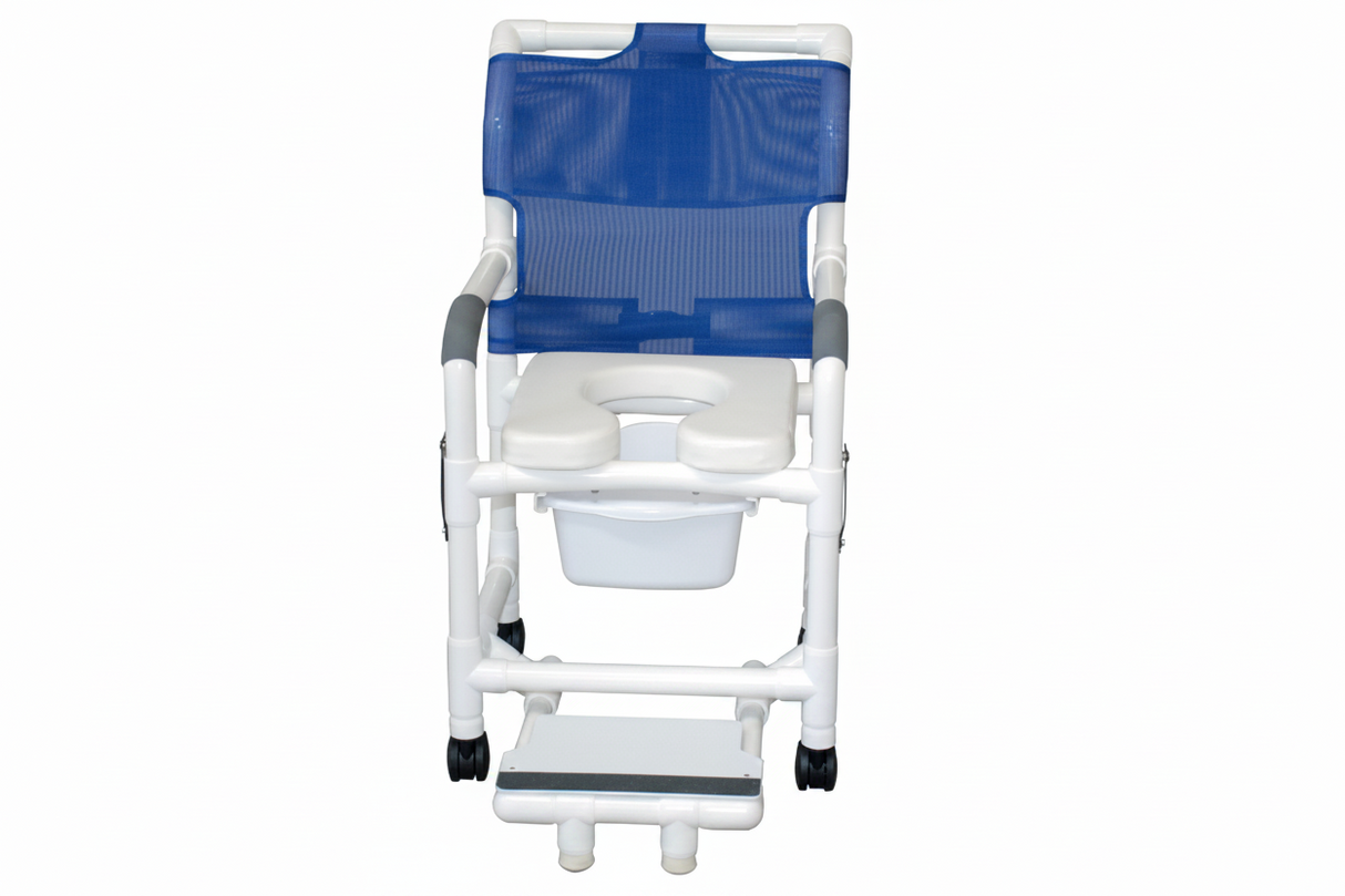 MJM International 118-3TW-DDA-SF-SQ-PAIL Shower chair 18" internal width, open front seat, 3" twin casters, with double drop arms, slide out footrest and 10 qt slide out square commode pail, 300 lbs weight capacity