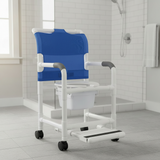 MJM International 118-3TW-DDA-SF-SQ-PAIL Shower chair 18" internal width, open front seat, 3" twin casters, with double drop arms, slide out footrest and 10 qt slide out square commode pail, 300 lbs weight capacity