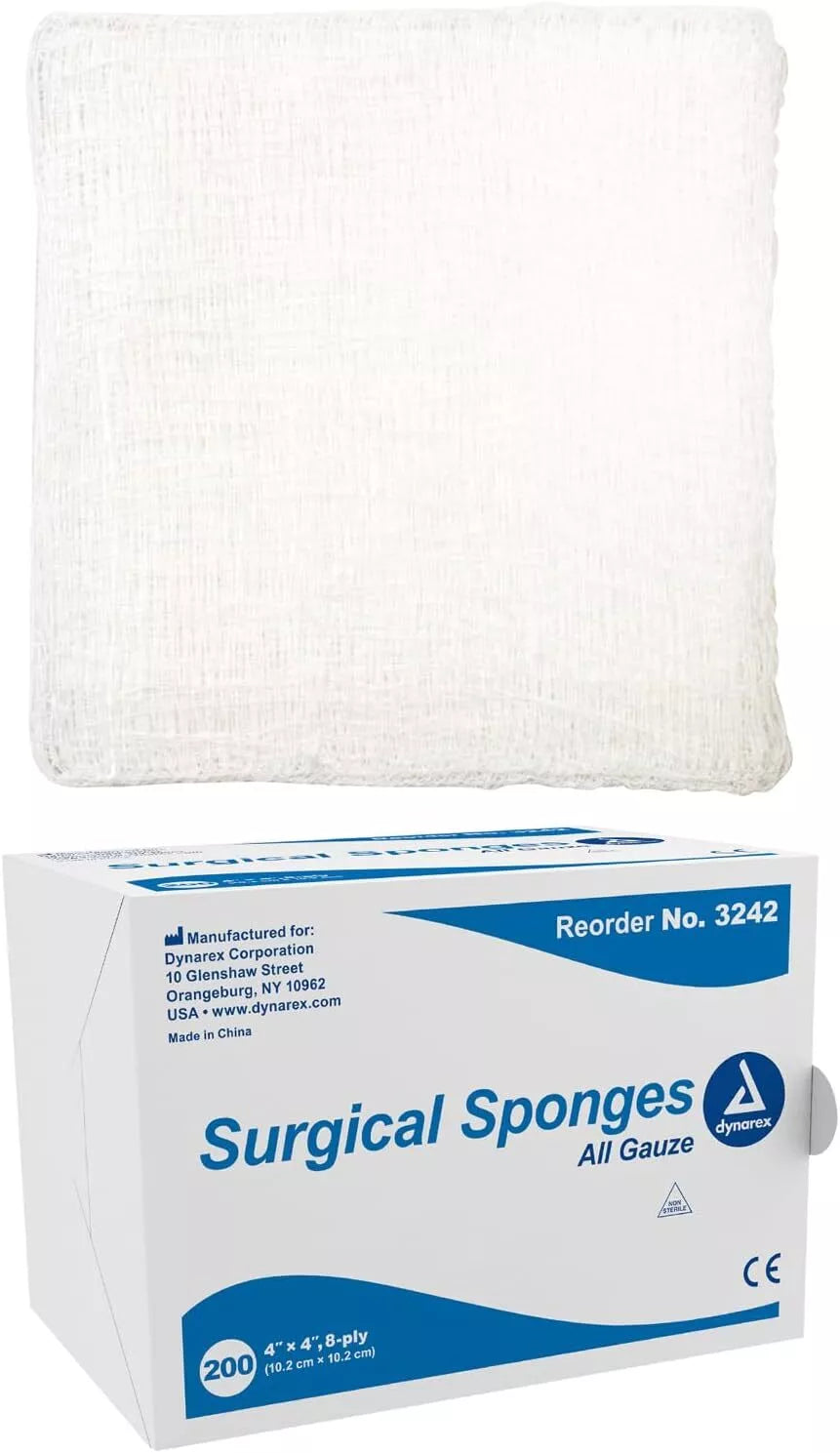Dynarex Surgical Gauze Sponge, 4" x 4" 8 Ply, 200ea/bx, 20bxs/cs (4000 Count)