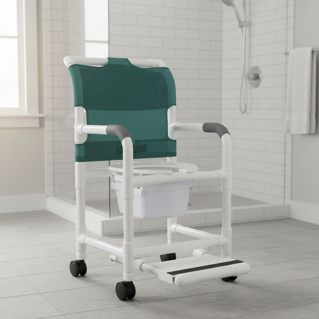MJM International 118-3TW-DDA-SF-SQ-PAIL Shower chair 18" internal width, open front seat, 3" twin casters, with double drop arms, slide out footrest and 10 qt slide out square commode pail, 300 lbs weight capacity