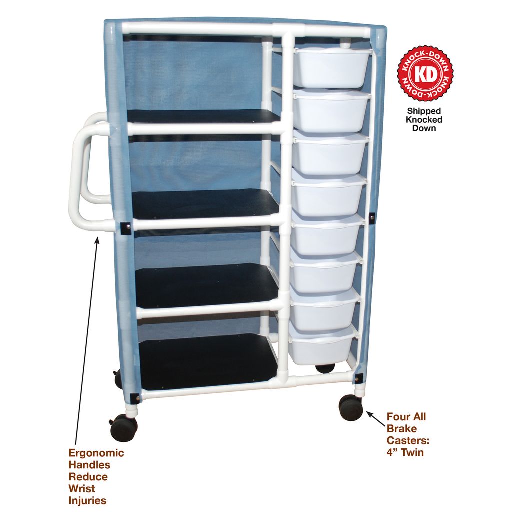 MJM International 370-8 Specialty Cart 5.5" X 12.25" X 16" Bin Size, 21.5" X 47" X 65" White 20" X 25"