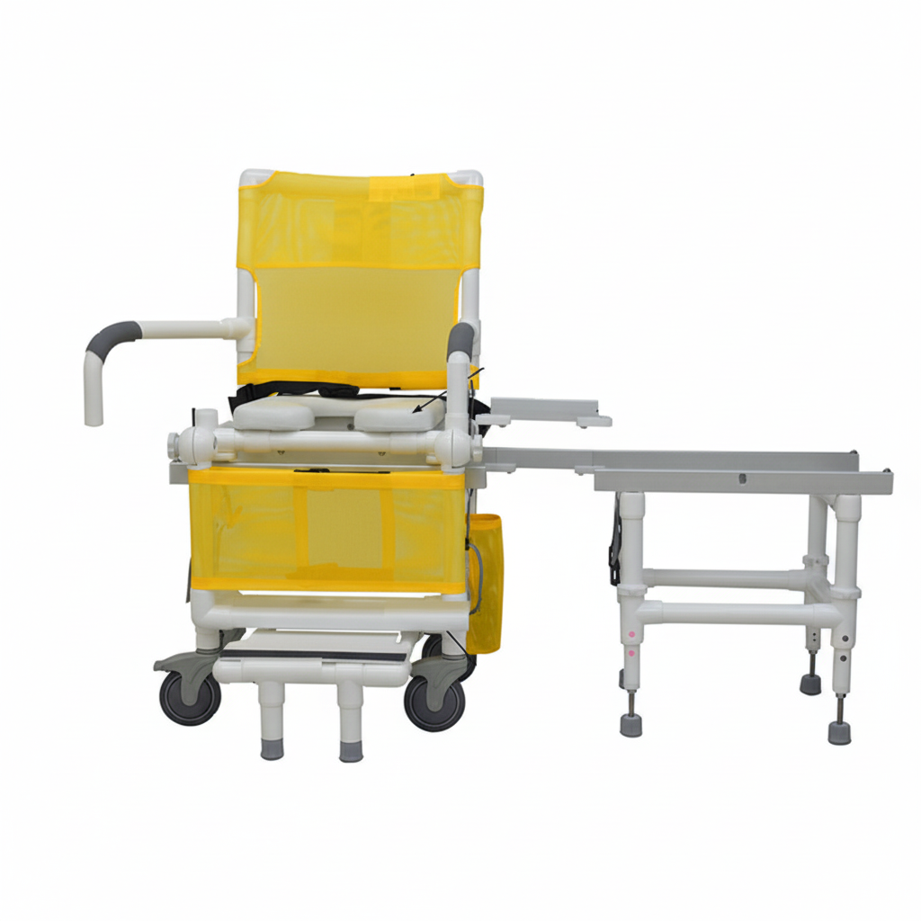 MJM International D118-5-SLIDE-N Deluxe All Purpose Dual Shower Chair/Transfer Bench (Excellent Lateral Transfer), Open Front Soft Seat, Buckle Safety Belt, Double Drop Arms, 5" x 1 1/4" Heavy Duty Casters, 300 lbs Weight Capacity