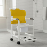 MJM International 118-3TW-DDA-SF-SQ-PAIL Shower chair 18" internal width, open front seat, 3" twin casters, with double drop arms, slide out footrest and 10 qt slide out square commode pail, 300 lbs weight capacity