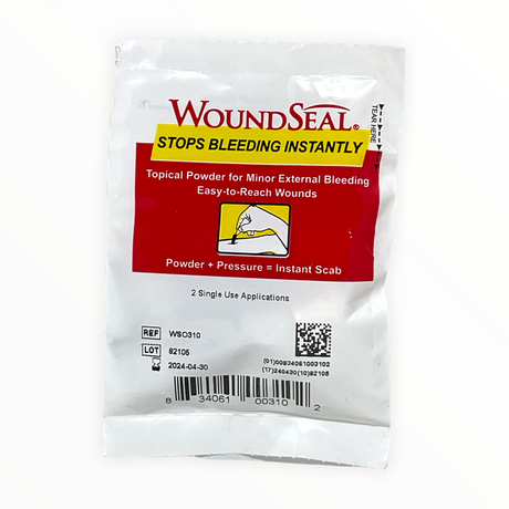 Packaging of WoundSeal powder, which is a topical powder used for stopping external bleeding instantly. The packaging is red and white with text and branding.