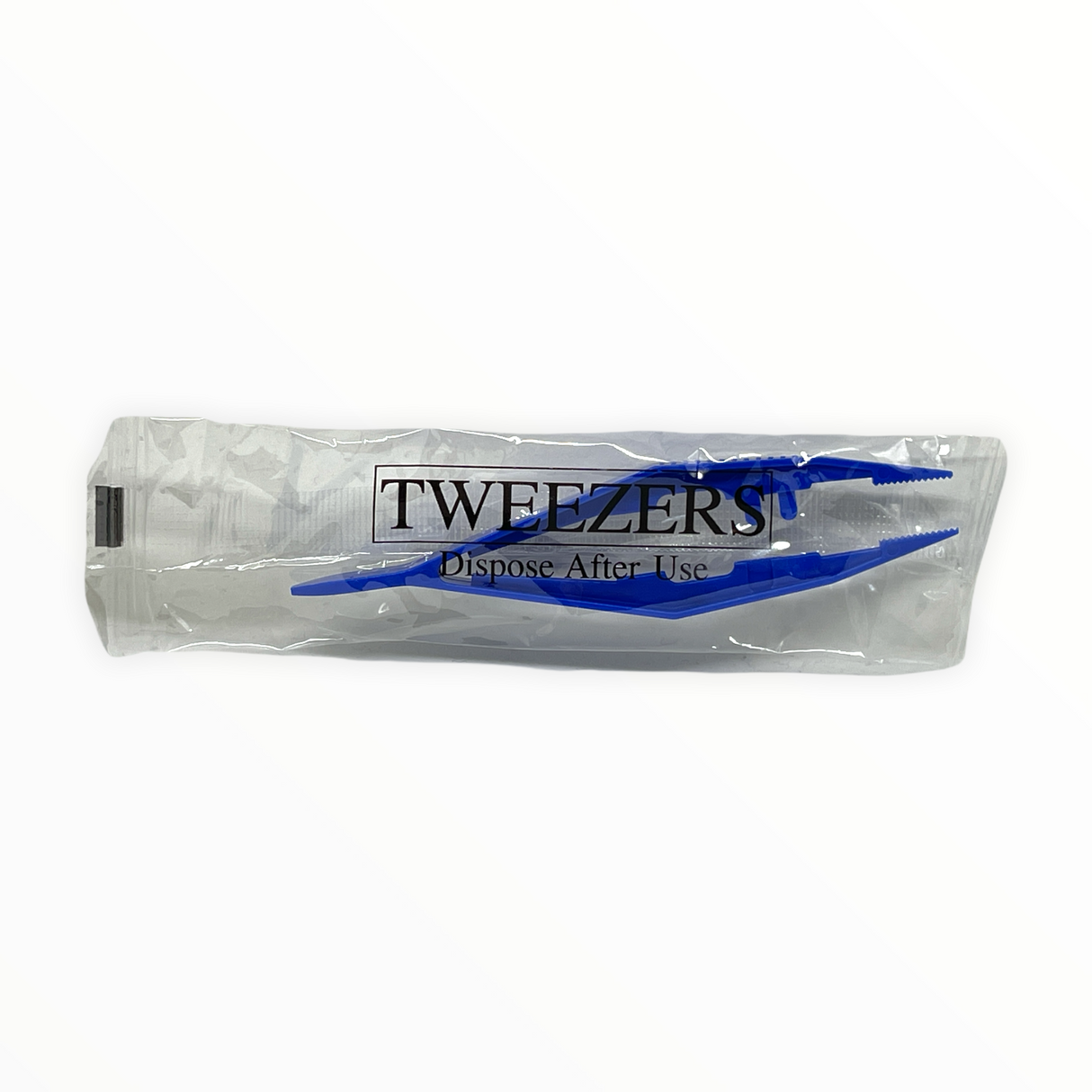 Disposable blue plastic tweezers sealed in a plastic package with the word 'TWEEZERS' printed on it.