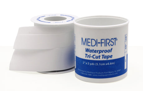 A roll of MEDI-FIRST waterproof tri-cut adhesive tape with packaging, displaying the product information.