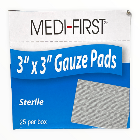 A box of MEDI-FIRST brand sterile gauze pads, 3 inches by 3 inches, with 25 pads per box.